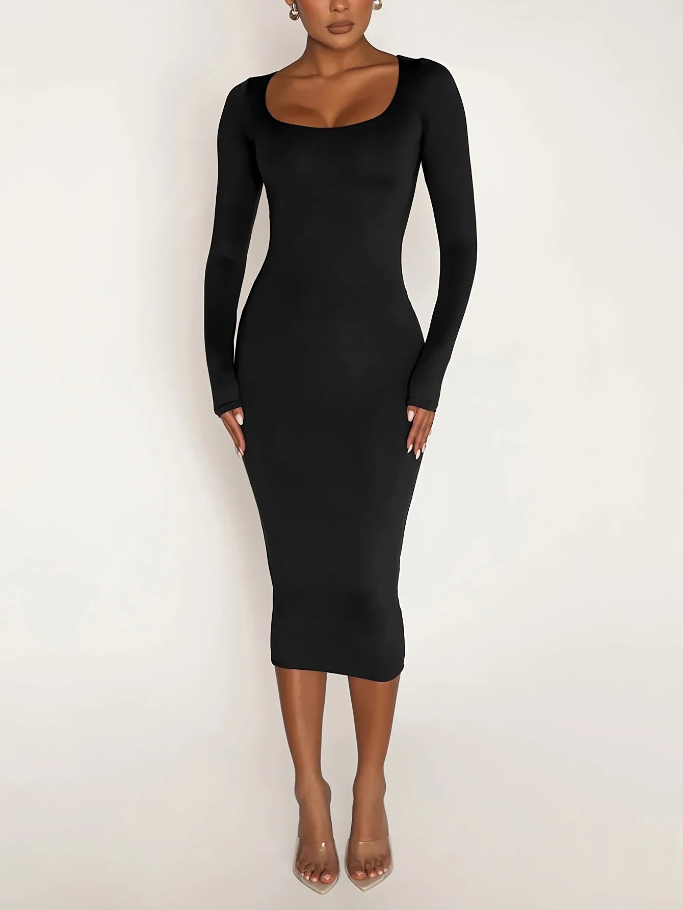 Womens Long Sleeve U-Neck Party Bodycon Midi Jumper Dress Stretch Winter Dresses