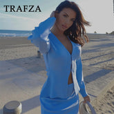 TRAFZA 2024 Spring Summer Sexy Solid Knitted Women Suits Fashion Nightclub V Neck Single Breasted Shirts+Chic Mini Pencil Skirts - MyEmpired