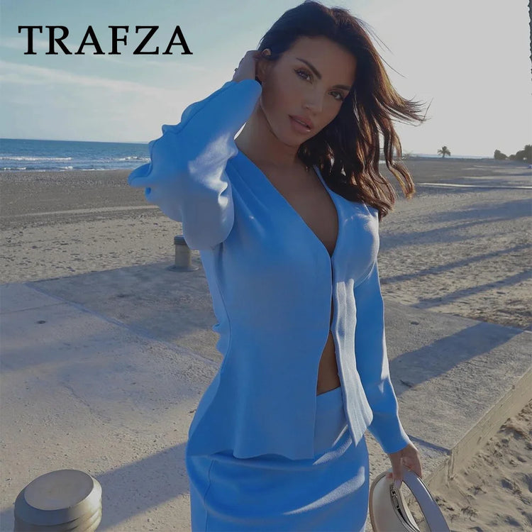 TRAFZA 2024 Spring Summer Sexy Solid Knitted Women Suits Fashion Nightclub V Neck Single Breasted Shirts+Chic Mini Pencil Skirts - MyEmpired