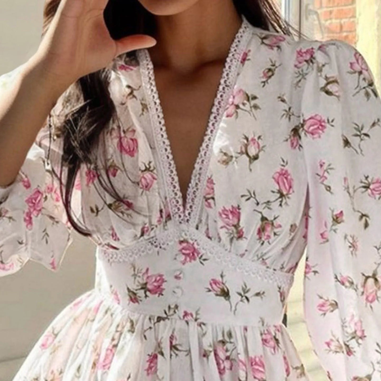 French Style Elegant Tunic Waist Floral Print Swing Dress Women's Casual Temperament Puff Sleeve Holiday A-line Dresses 2024