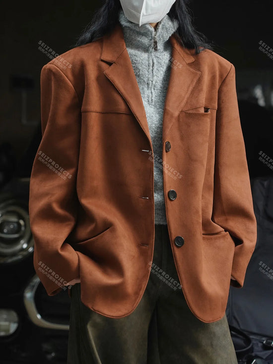 Winter Curved Pocket Oversized Blazer Suede Jacket Brown Green Loose Straight Coat For Women - MyEmpired