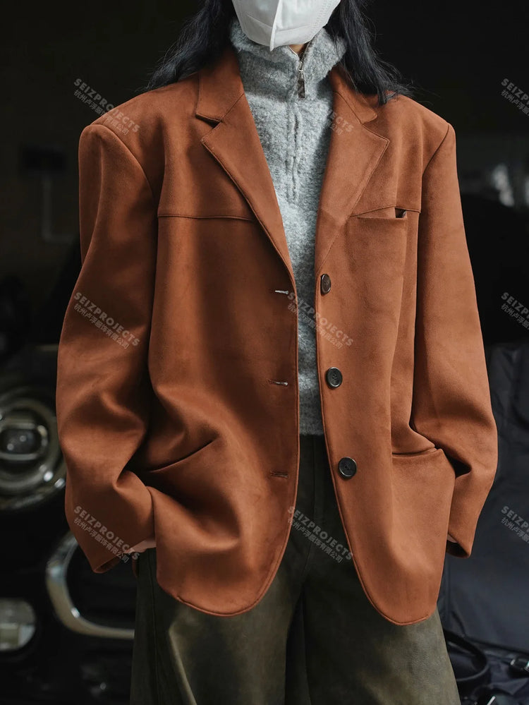 Winter Curved Pocket Oversized Blazer Suede Jacket Brown Green Loose Straight Coat For Women - MyEmpired