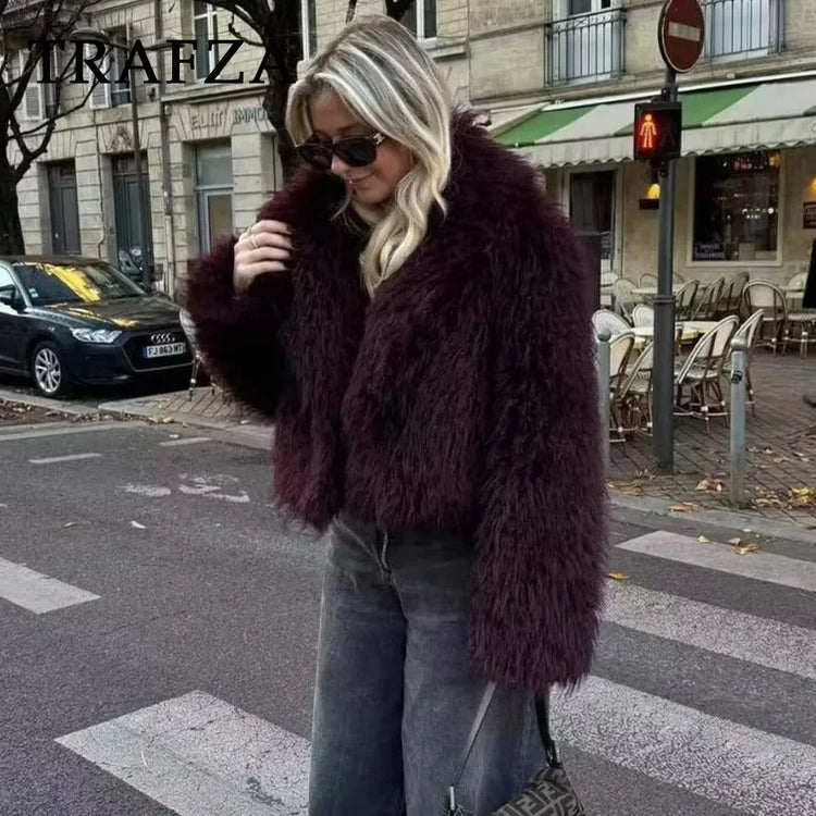 TRAFZA 2025 Autumn Winter Women Casual Faux Fur Jackets Fashion Streetwear Solid Turn Down Collar Warm Oversized Thick Coats - MyEmpired