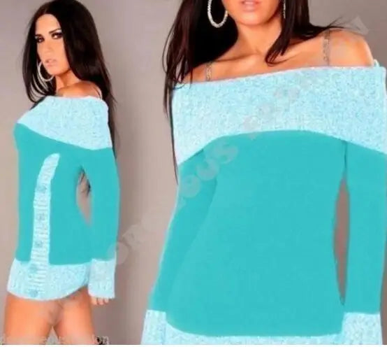 New Winter Sweater Women Sexy Off Shoulder Color Block Sweater Dress Buttons Knitted Long Pullover Top sweater women - MyEmpired