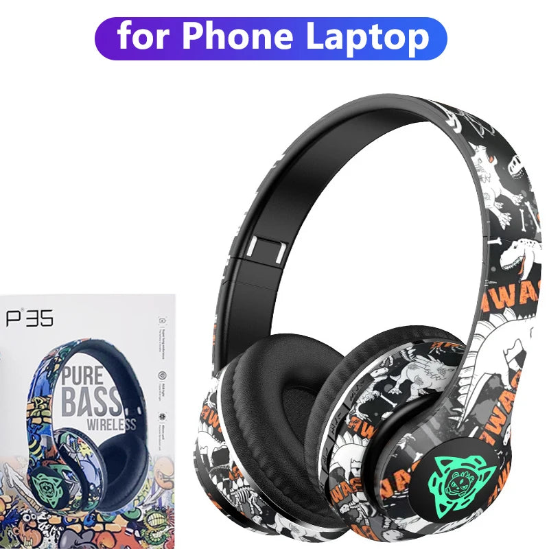 LED Graffiti Foldable Wireless Bluetooth Headphones Noise Canceling Super Bass Headsets Gamer Earphones Support TF With HD Mic