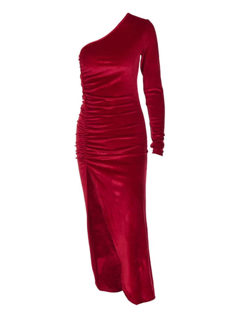 Women Elegant Long Sleeve Party Evening Velvet Bodycon Split Pencil Midi Dress Spring Autumn Clothes - MyEmpired