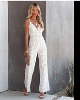 Elegant Lace V Neck Sleeveless Open Back Jumpsuit Spaghetti Strap High Waisted Long Wide Leg Pants Jumpsuit Women Sexy Overalls - MyEmpired