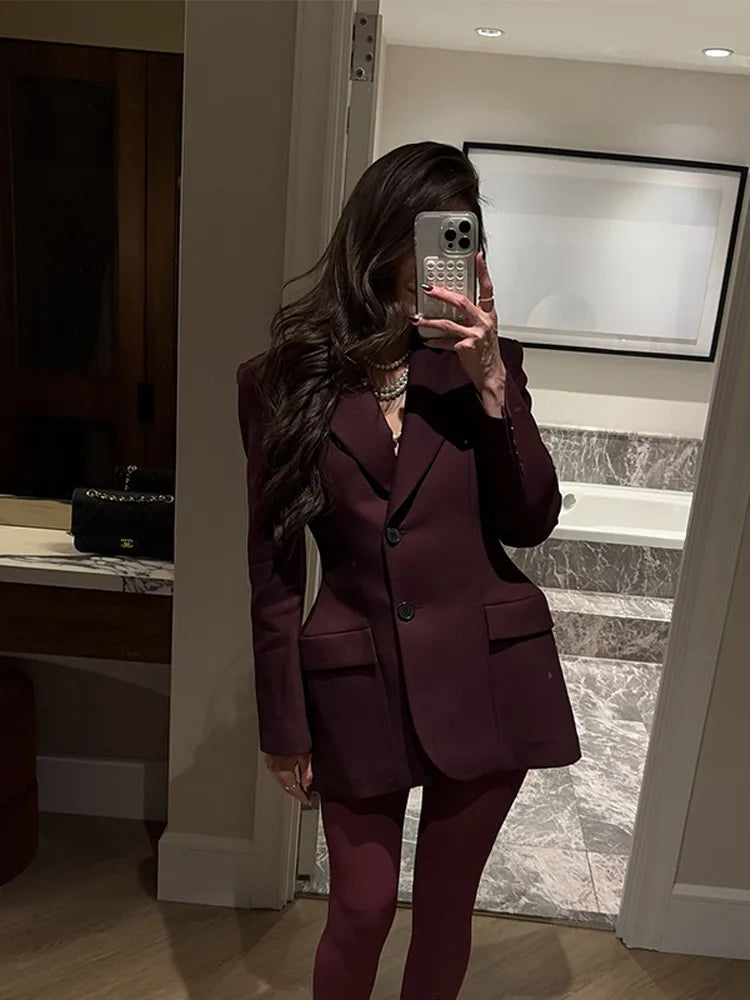 Vintage Burgundy Lapel Single Breasted Blazer Coat Women Chic Long Sleeve Waist Slim Jackets 2025 Spring Lady Commute Outwear