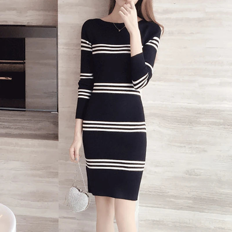 Women Clothing Korean Fashion Striped Bodycon Elegant Dresses Autumn Winter Casual Round Neck Long Sleeve Slim Basic Midi Dress