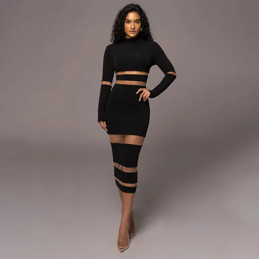 Patchwork Bodycon Sexy Midi Dress For Women 2023 Autumn Winter New Turtleneck Long Sleeve Club Party Sexy Dress Elegant