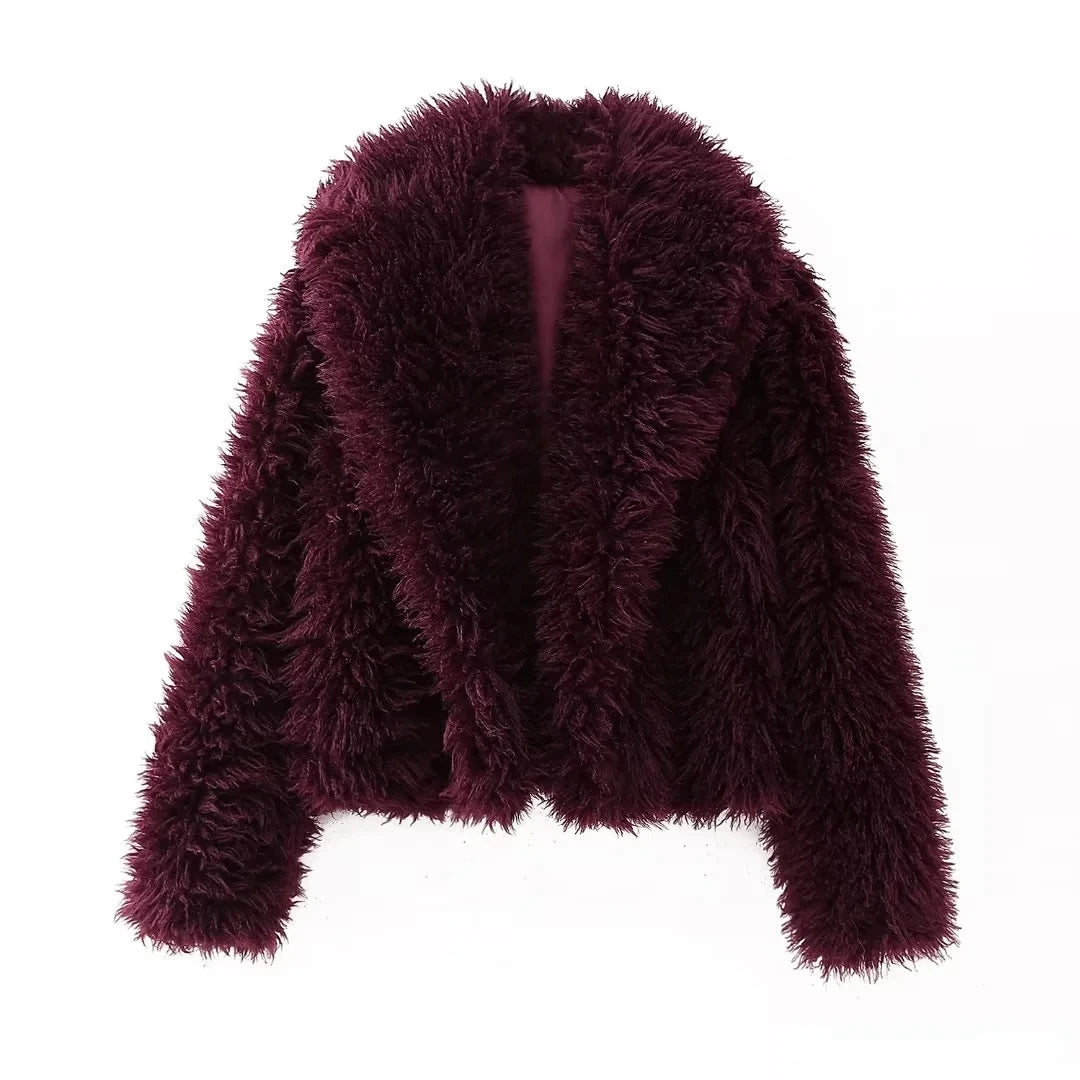 TRAFZA 2025 Autumn Winter Women Casual Faux Fur Jackets Fashion Streetwear Solid Turn Down Collar Warm Oversized Thick Coats - MyEmpired