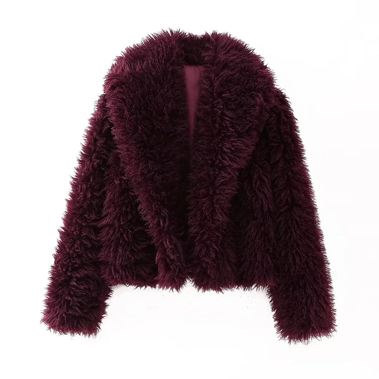 TRAFZA 2025 Autumn Winter Women Casual Faux Fur Jackets Fashion Streetwear Solid Turn Down Collar Warm Oversized Thick Coats - MyEmpired