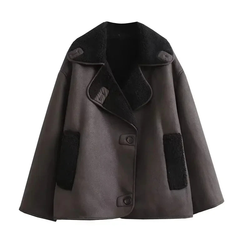 TRAF Woman Thick Faux Leather Jackets for Women Coat Autumn Winter Warm Wool Blends Coats Demi-season Plush Jacket Outerwear - MyEmpired