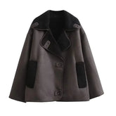 TRAF Woman Thick Faux Leather Jackets for Women Coat Autumn Winter Warm Wool Blends Coats Demi-season Plush Jacket Outerwear - MyEmpired