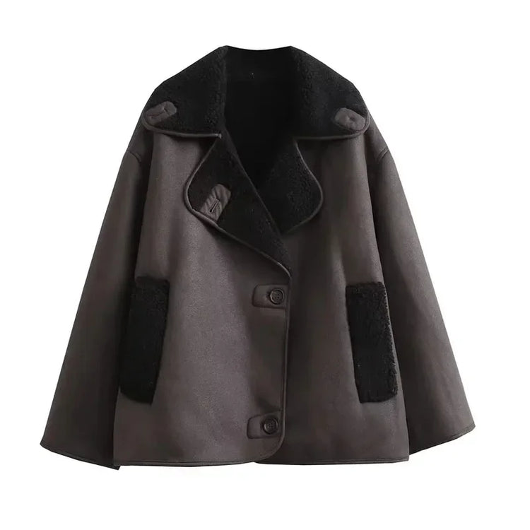 TRAF Woman Thick Faux Leather Jackets for Women Coat Autumn Winter Warm Wool Blends Coats Demi-season Plush Jacket Outerwear - MyEmpired