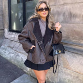 TRAF Woman Thick Faux Leather Jackets for Women Coat Autumn Winter Warm Wool Blends Coats Demi-season Plush Jacket Outerwear - MyEmpired