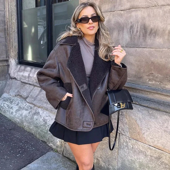 TRAF Woman Thick Faux Leather Jackets for Women Coat Autumn Winter Warm Wool Blends Coats Demi-season Plush Jacket Outerwear - MyEmpired