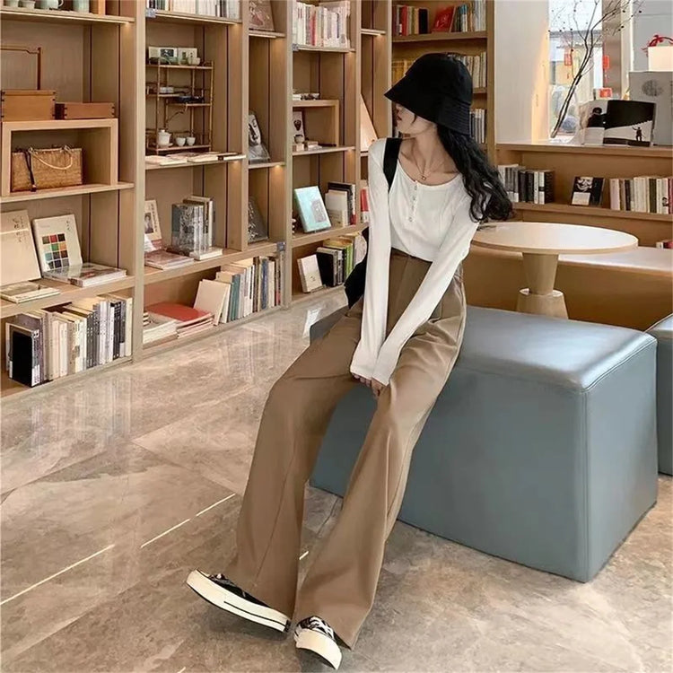 Fashion High Waist Wide Leg Pants Women Spring Fall Baggy Black Trouser Office Ladies Full Length Straight Suit Pant Outwear New - MyEmpired