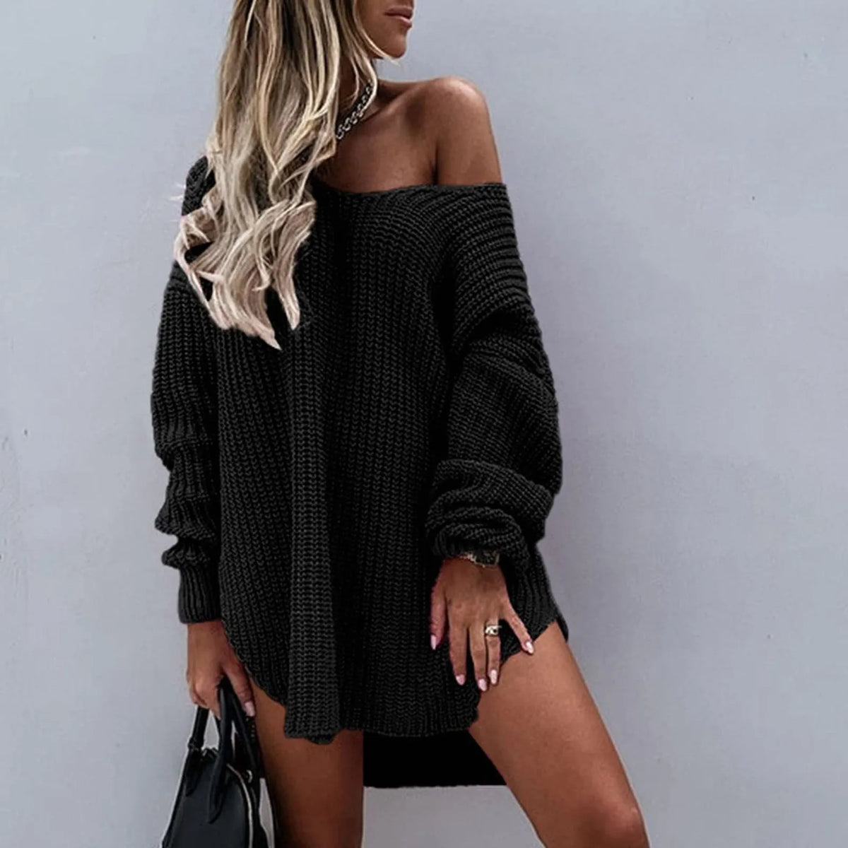 Women Oversize Sweater Solid Color Drop Shoulder Long Sleeves Long Sweater New Knitting V Neck Fashion Sexy Sweater Autumn - MyEmpired