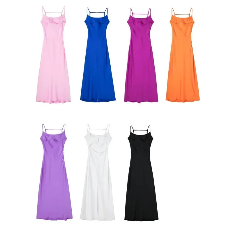 2022 Pink Camis Satin Long Dresses Elegant Sleeveless Slip Holiday Party Dresses Sexy Casual Backless Summer Dresses Women 2023