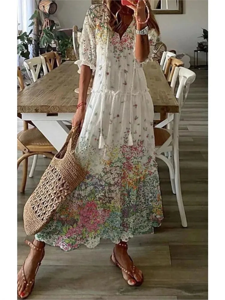 Spring Summer New 2024 Women's Casual Sweet Loose Sexy V-neck Drawstring Fashionable Printed Long Sleeved Dress