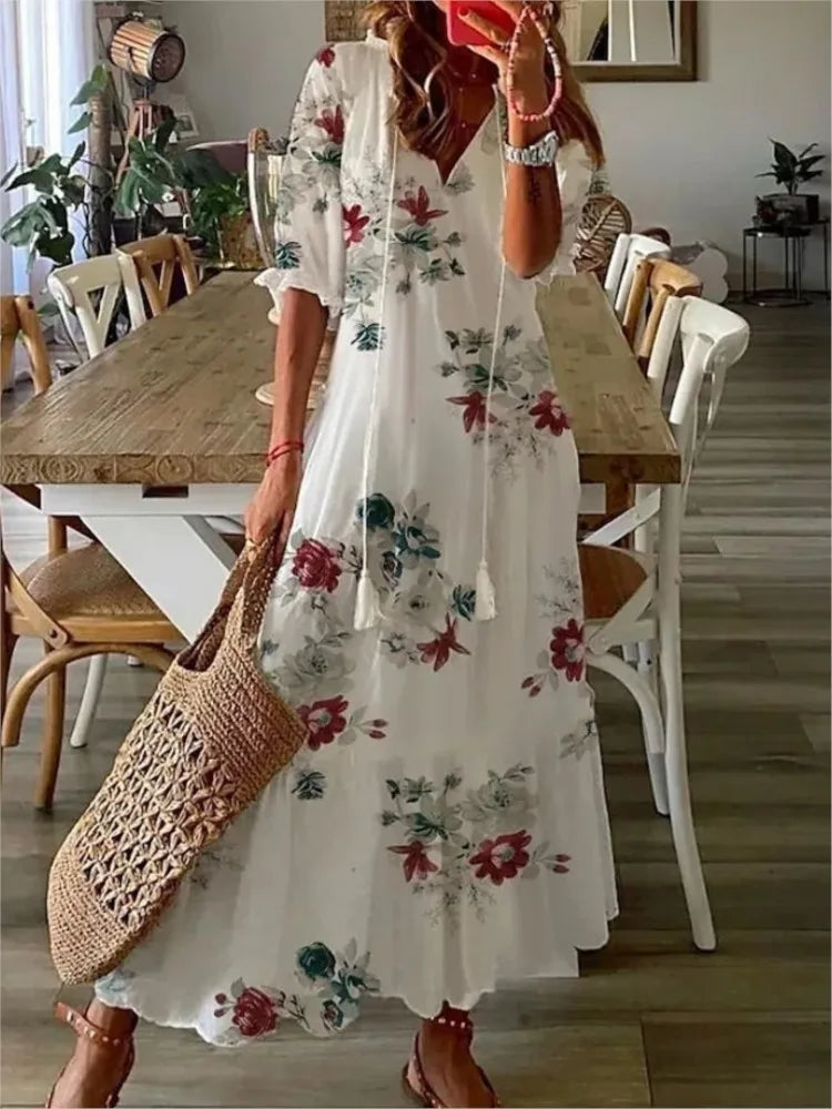 Spring Summer New 2024 Women's Casual Sweet Loose Sexy V-neck Drawstring Fashionable Printed Long Sleeved Dress