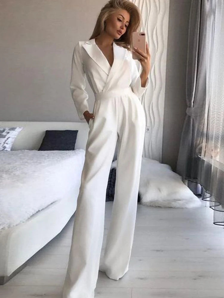 Drauuing Long Sleeve Summer Jumpsuit Women V Neck Casual Straight Pant Jumpsuit Fashion Office Lady Jumpsuit Women Solid