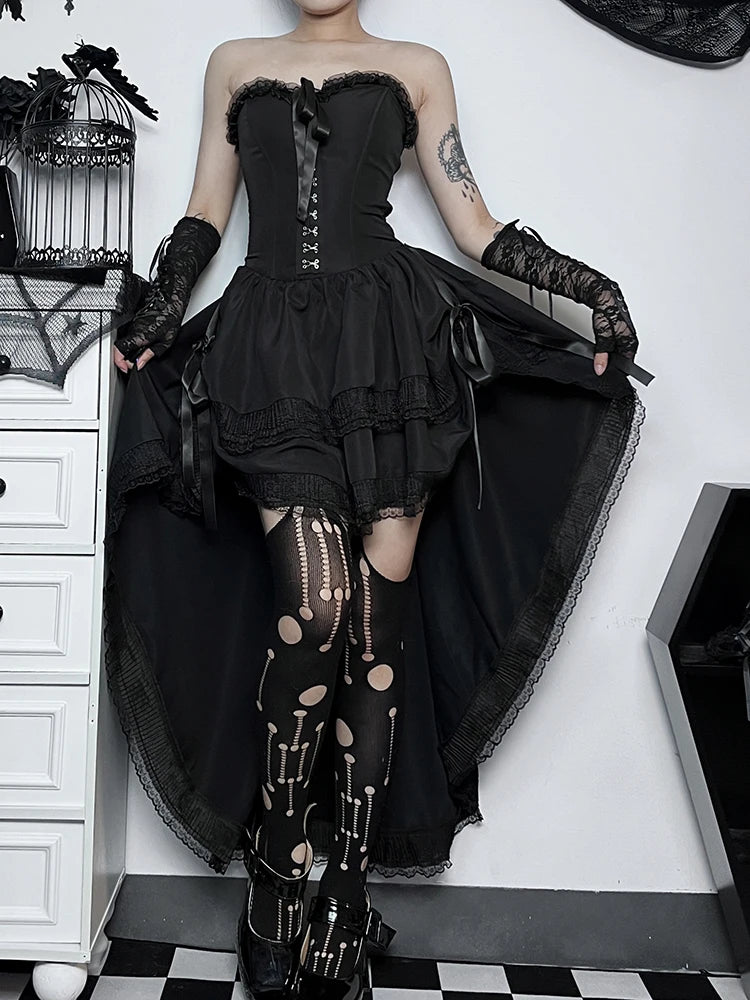 AltGoth Gothic Dark Halloween Black Dress Womem Palace Styel Lace Patchwork High Waist Corset Dress Nightclub Cosplay Partywear