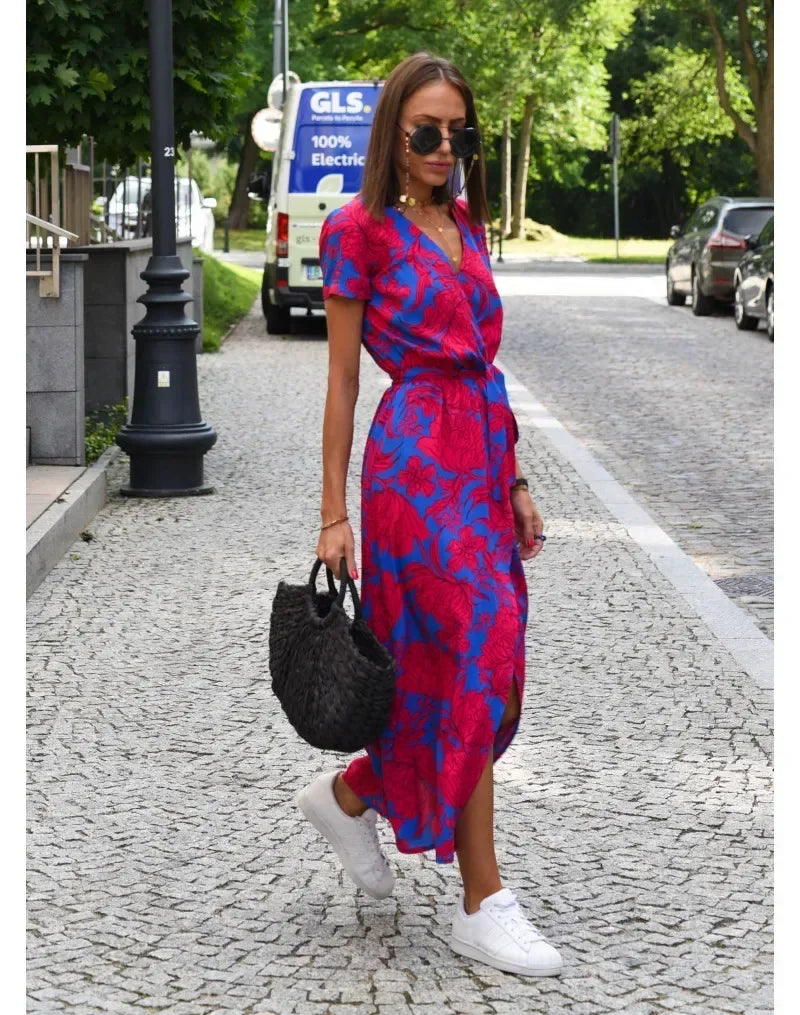 Summer Women's New V-Neck  Floral Printed Mid-Length Dress Split Vacation Style Fashion Long Dresses