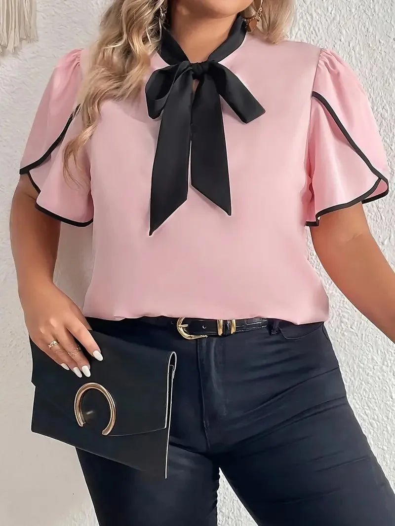 GIBSIE Plus Size Contrast Bow Tie Neck