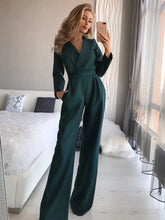 Drauuing Long Sleeve Summer Jumpsuit Women V Neck Casual Straight Pant Jumpsuit Fashion Office Lady Jumpsuit Women Solid - MyEmpired