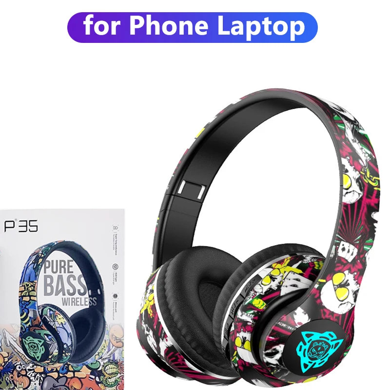 LED Graffiti Foldable Wireless Bluetooth Headphones Noise Canceling Super Bass Headsets Gamer Earphones Support TF With HD Mic