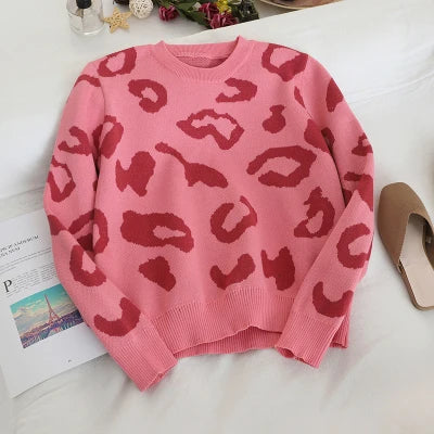 Pink Women Leopard Knitted Sweater Winter Animal Print Thick Long Sleeve O-neck Female Pullovers Casual Tops 2024 New Arrival