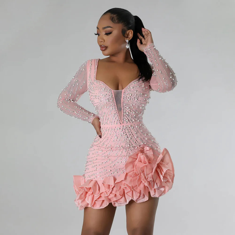 CM.YAYA Spring Women Long Sleeve Ruffles Hot Drilling Bead Short Dress Sexy Night Club Evening Birthday Mini Dresses Vestidos