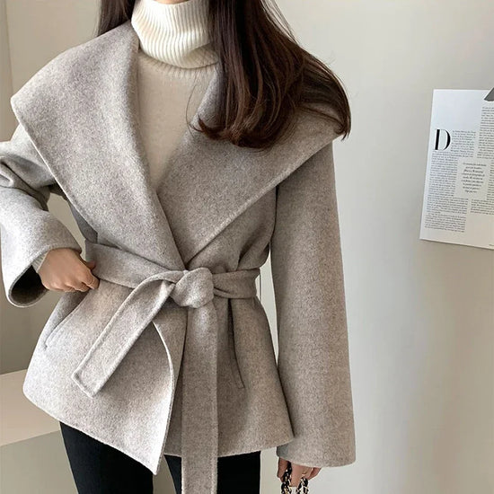 MEXZT Elegant Wool Blends Coats Women Black Bandage Woolen Jackets Winter Ladies Commute Outerwear Korean Fashion Overcoat New - MyEmpired