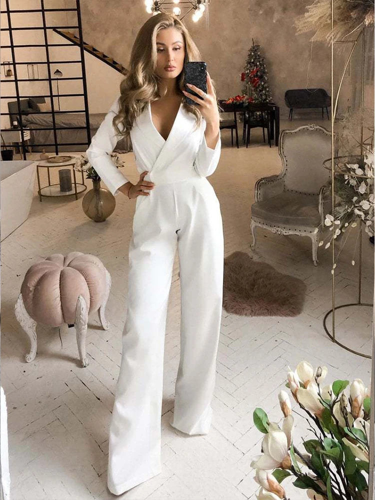 Drauuing Long Sleeve Summer Jumpsuit Women V Neck Casual Straight Pant Jumpsuit Fashion Office Lady Jumpsuit Women Solid