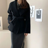 MEXZT Elegant Wool Blends Coats Women Black Bandage Woolen Jackets Winter Ladies Commute Outerwear Korean Fashion Overcoat New - MyEmpired