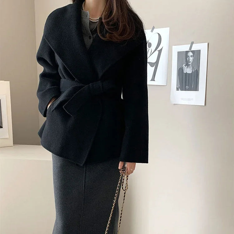 MEXZT Elegant Wool Blends Coats Women Black Bandage Woolen Jackets Winter Ladies Commute Outerwear Korean Fashion Overcoat New - MyEmpired