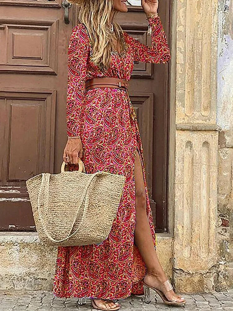 Women's Autumn Winter New Long Sleeved Sexy V-neck Hem Slit Bohemian Fashion Printed Floral Casual Dress Women's Clothing