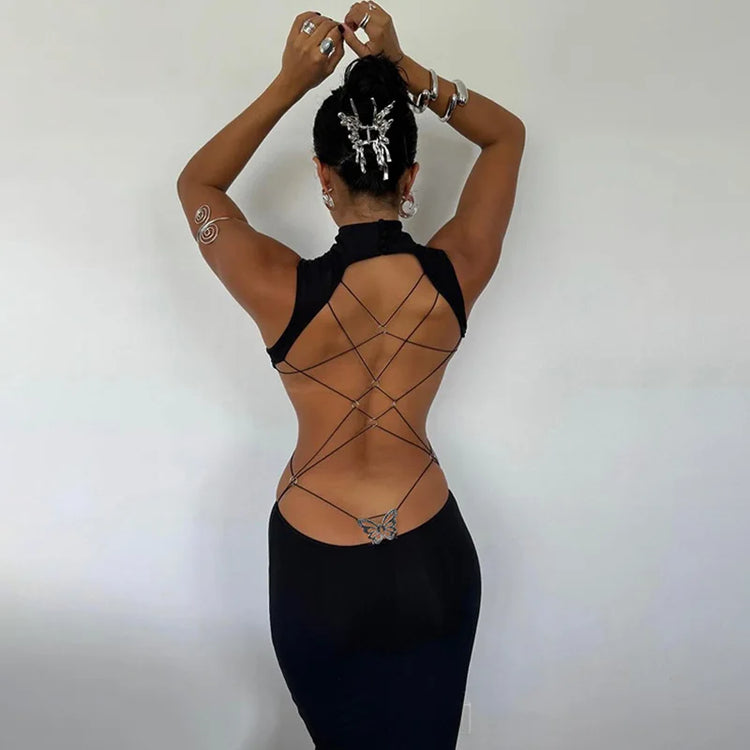 Cryptographic Sexy Backless Bandage Butterfly Detail Long Dress Club Party Summer Sleeveless Maxi Dresse Elegant Outfits Robe - MyEmpired