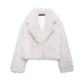 TRAFZA 2025 Autumn Winter Women Casual Faux Fur Jackets Fashion Streetwear Solid Turn Down Collar Warm Oversized Thick Coats - MyEmpired