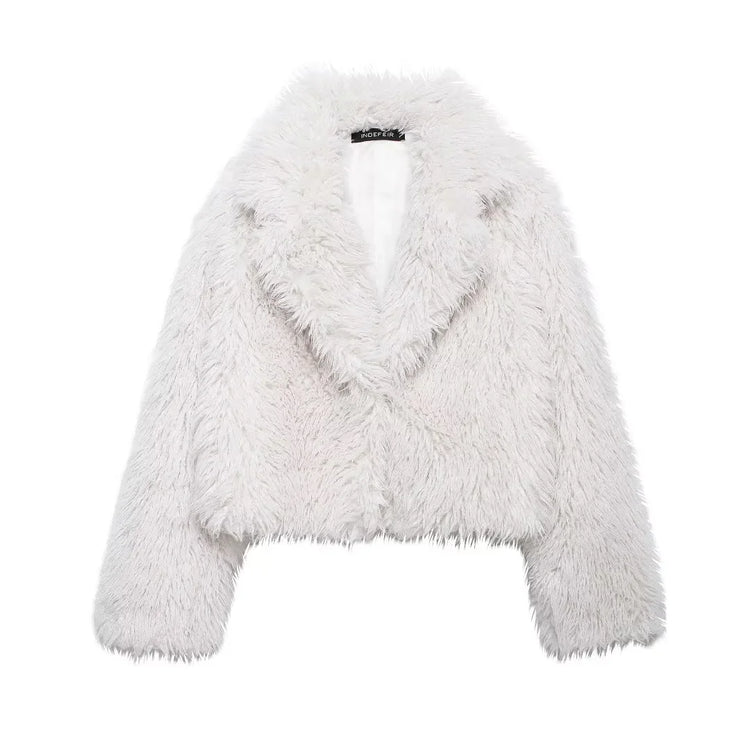 TRAFZA 2025 Autumn Winter Women Casual Faux Fur Jackets Fashion Streetwear Solid Turn Down Collar Warm Oversized Thick Coats - MyEmpired