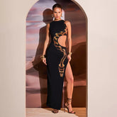 Black Cut Out Beach Dress Women Fashion Snake Print Slim Club Party Dresses Summer Sexy Split Sleeveless Long Dress 2024 New - MyEmpired