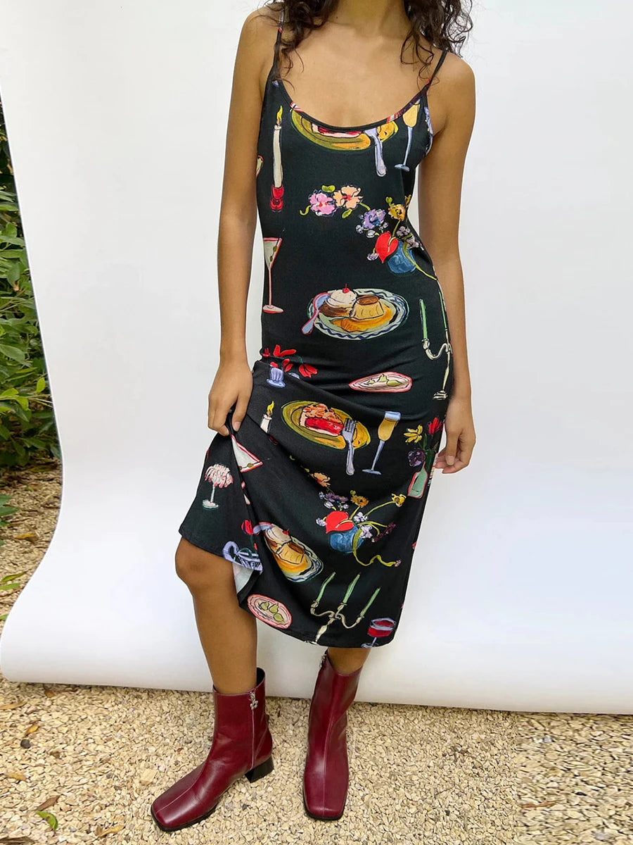 Women Cami Dress Table Collection Print Sleeveless Backless Slip Dress Midi Bodycon Dress 90S Aesthetic E-Girl Party Dresses