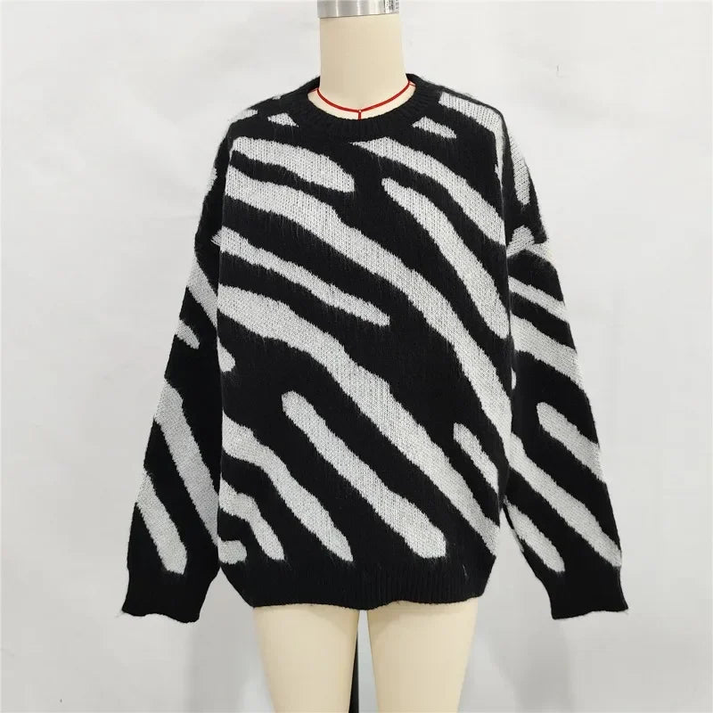 2024 Winter New Fashion Personalized Zebra Knitted Warm Pullover Sweater Plus Size Women  Crewneck Sweater for Women Pullovers