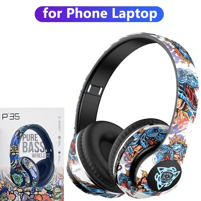 LED Graffiti Foldable Wireless Bluetooth Headphones Noise Canceling Super Bass Headsets Gamer Earphones Support TF With HD Mic