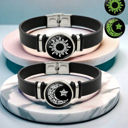 2-Piece Luminous Sun Moon Faux Leather Strap Bracelet Retro Minimalist Unisex