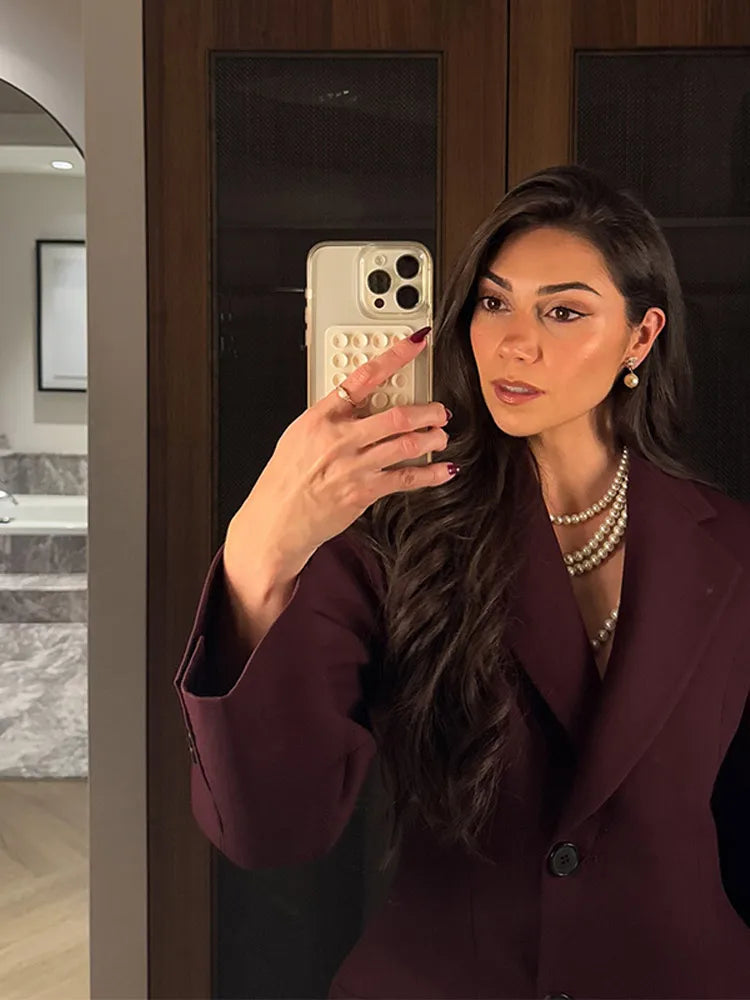 Vintage Burgundy Lapel Single Breasted Blazer Coat Women Chic Long Sleeve Waist Slim Jackets 2025 Spring Lady Commute Outwear - MyEmpired