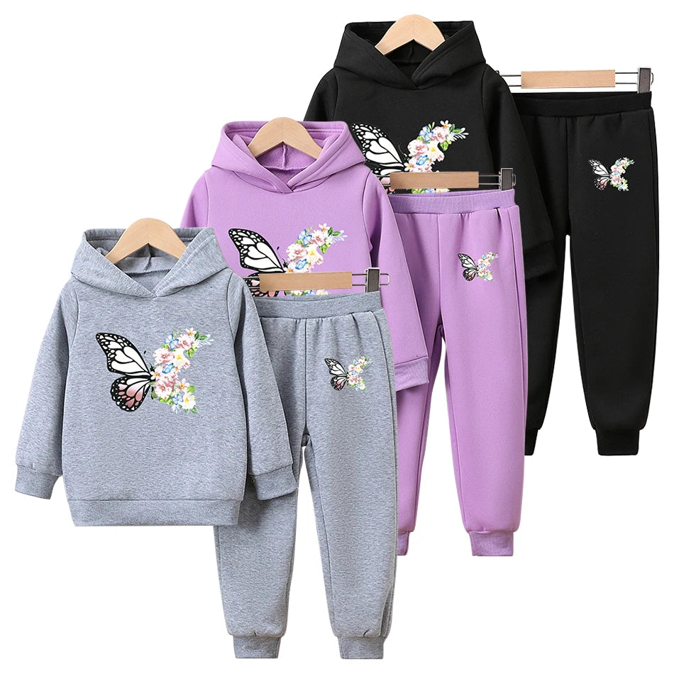 Cute and Comfy Girls Hoodie and Plush Lined Long Pants Set Delicate Butterfly Pattern Autumn and Winter Fashion Children Sets