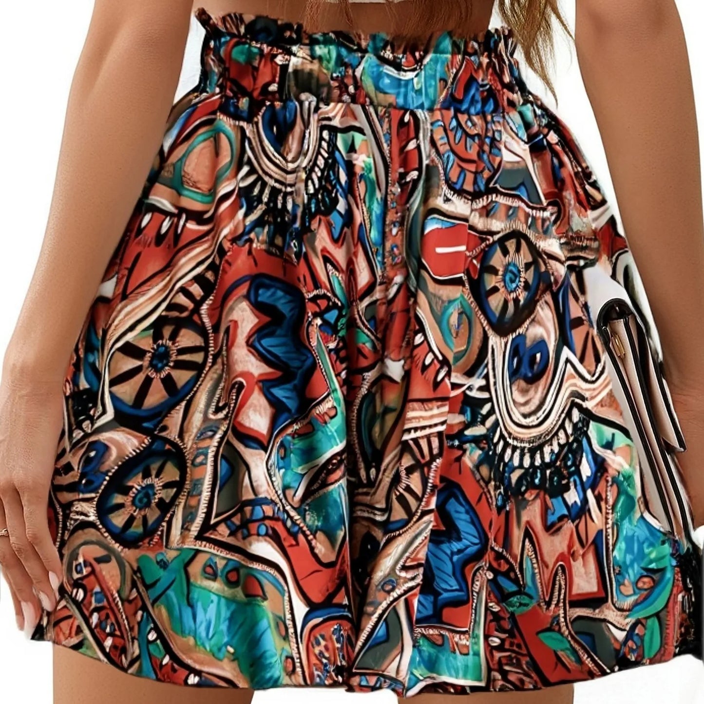 Women's Bohemian shorts high waist drawstring loose shorts lightweight comfortable beach shorts print wide leg short pants